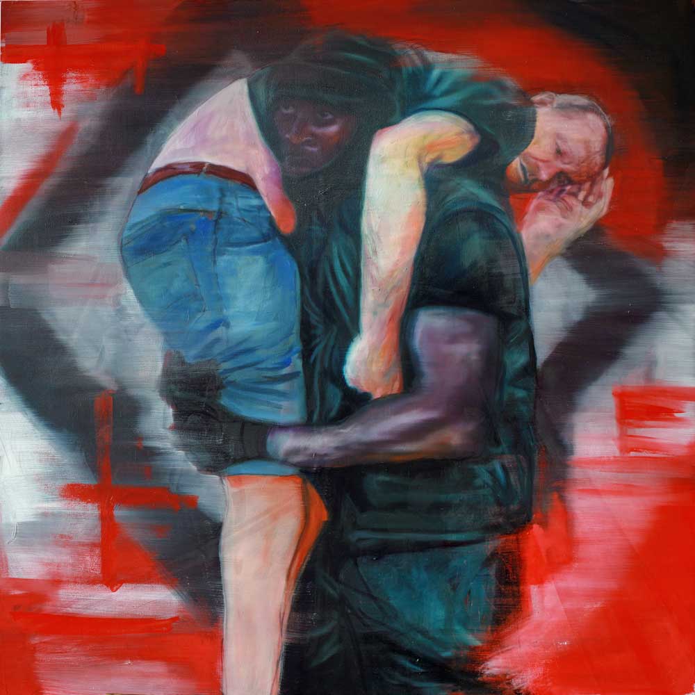 Patrick Hutchinson: Oil on Canvas. During the Black Lives Matter protests Patrick Hutchinson saved Bryn Male, a counter protester from serious injury. The painting was exhibited and subsequently bought at the Royal Academy Summer Show 2021.